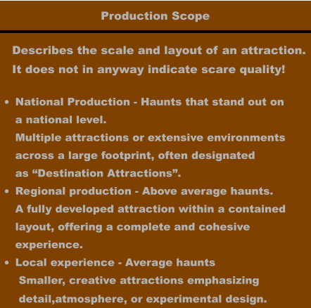 Production Scope •	National Production - Haunts that stand out ona national level. Multiple attractions or extensive environmentsacross a large footprint, often designatedas “Destination Attractions”. •	Regional production - Above average haunts. A fully developed attraction within a contained layout, offering a complete and cohesive experience. •	Local experience - Average haunts Smaller, creative attractions emphasizing detail,atmosphere, or experimental design.  Describes the scale and layout of an attraction. It does not in anyway indicate scare quality!